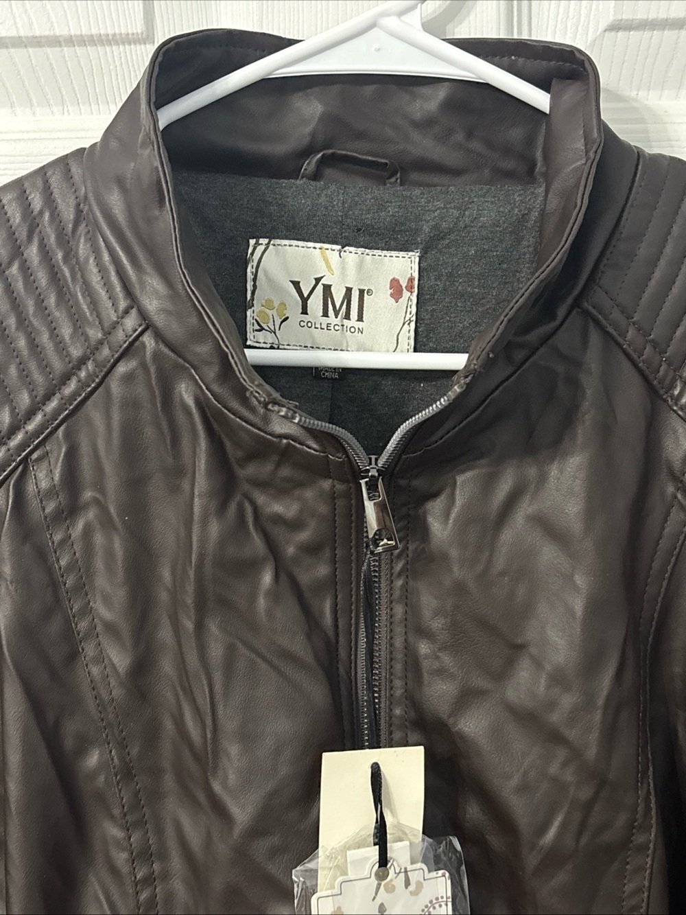 YMI Women's Brown Faux Leather Bomber Jacket